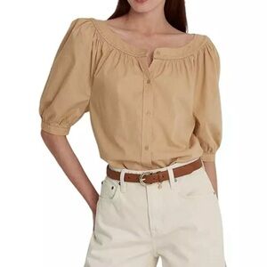 LAUREN RALPH LAUREN Women Tan Cotton Broadcloth Puff-Sleeve Shirt XS Black Label